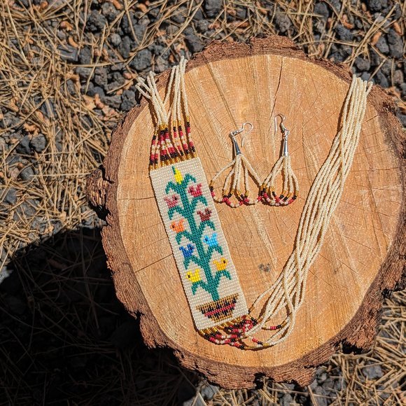 Navajo Handmade Beaded Necklace Earrings Set Rug Tree of Life Design *** - Picture 6 of 11